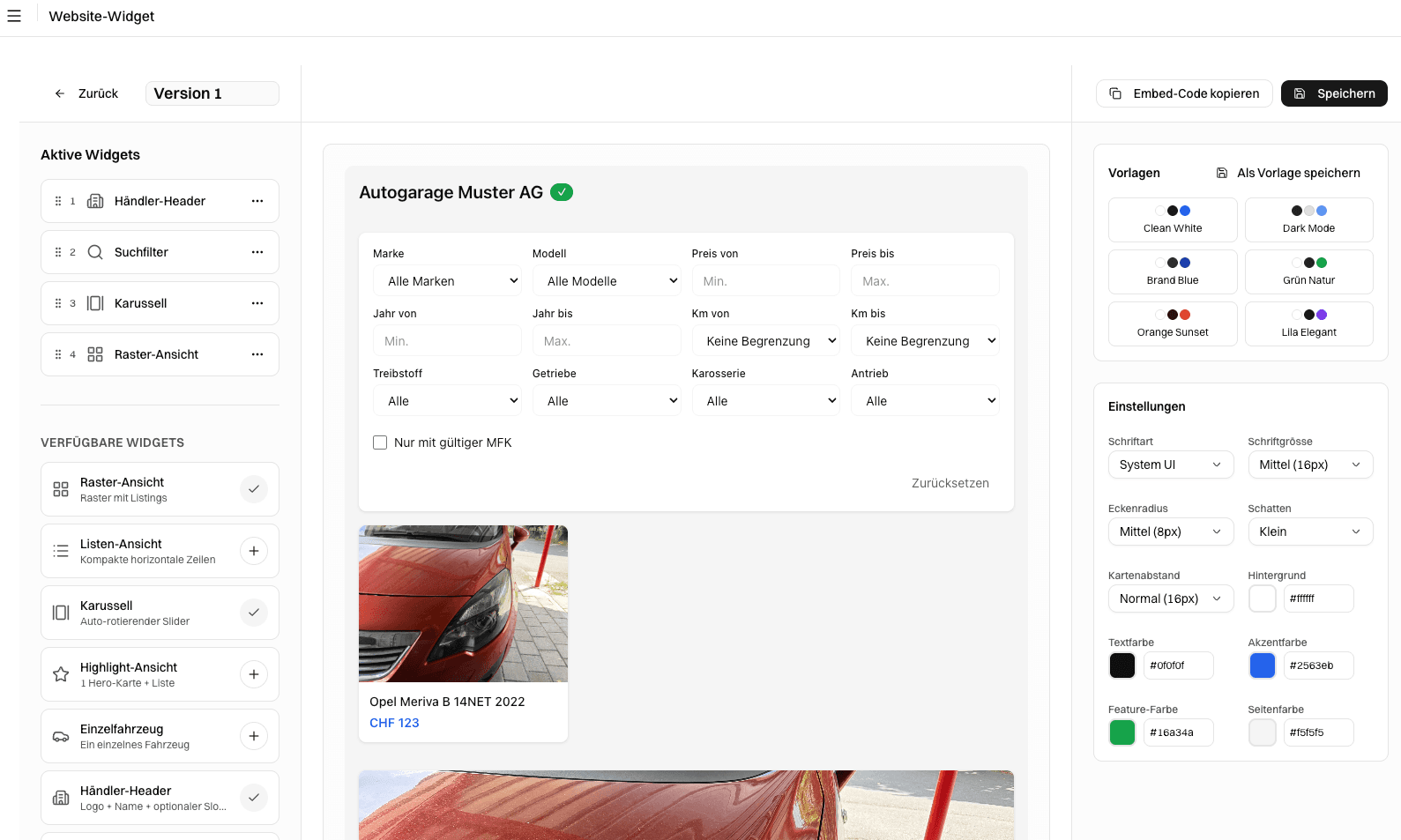 Widget-Baukasten mit Theme-Einstellungen und Vorschau des eingebetteten Bestands