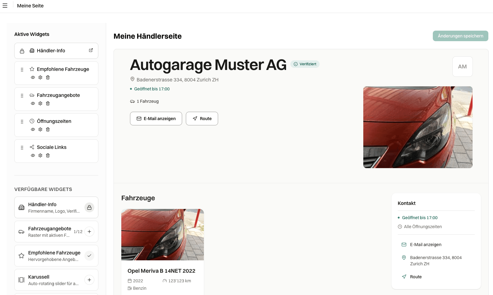 Editor der eigenen Händlerseite mit Widget-Liste und Live-Vorschau